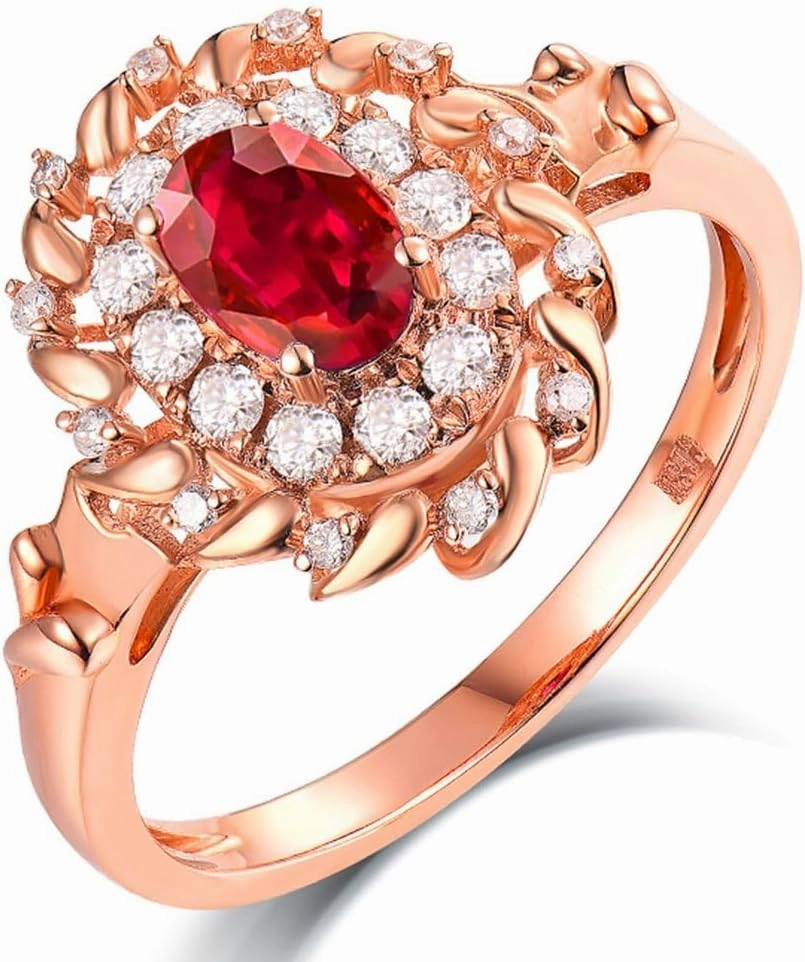 Ruby Ring For Women, 14kt Rose Gold Rings - Red Ruby Ring with Diamond, 0.60ct Oval 4x6mm Ruby Gemstone Rings & Real Diamond Ring For Couple Engagement Ring