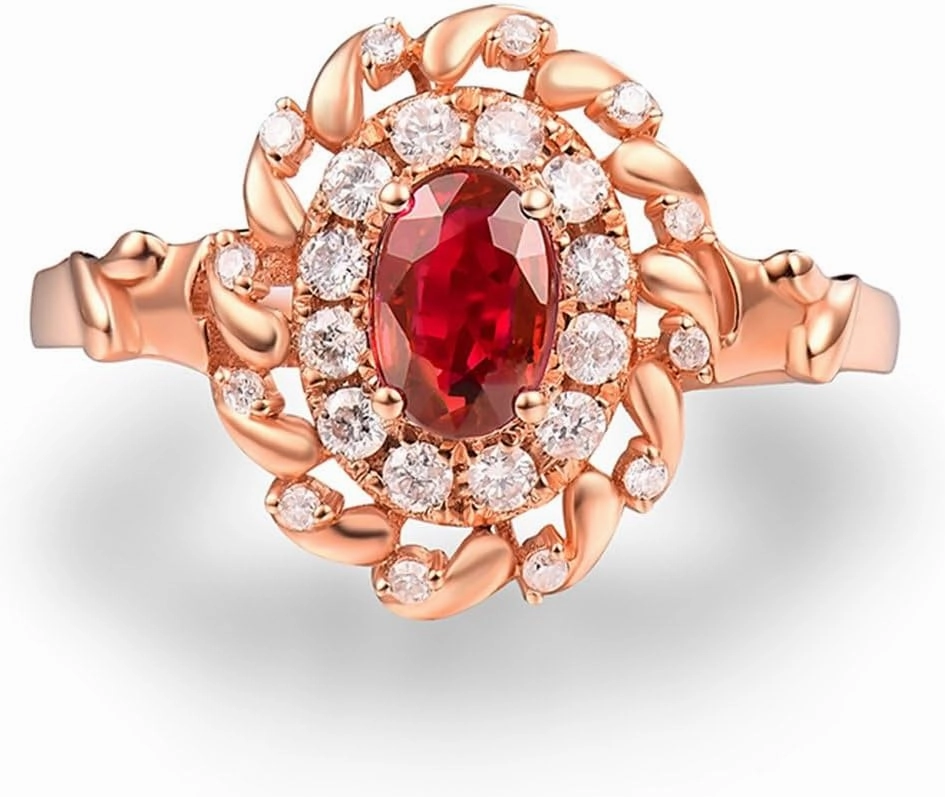 Ruby Ring For Women, 14kt Rose Gold Rings - Red Ruby Ring with Diamond, 0.60ct Oval 4x6mm Ruby Gemstone Rings & Real Diamond Ring For Couple Engagement Ring