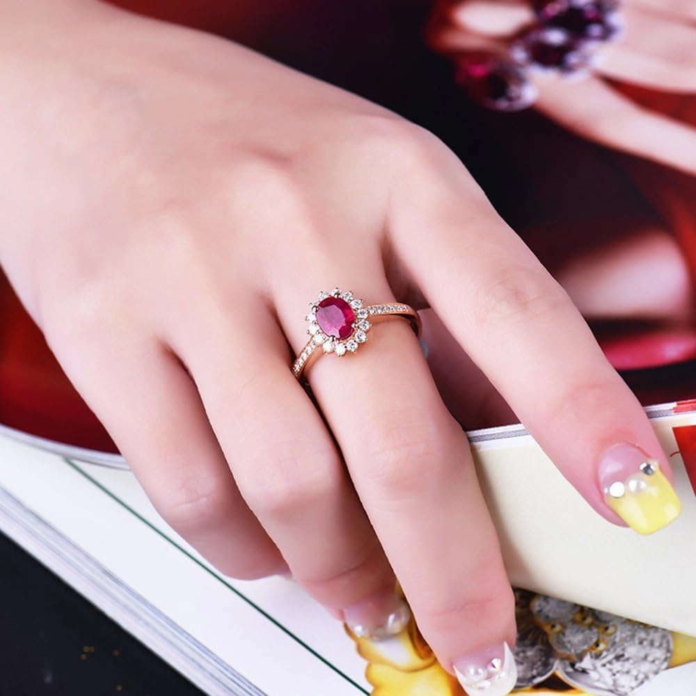 Ruby Ring For Women, 14kt Rose Gold Rings - Ruby and Diamond Ring, 0.55ct Oval 4x6mm Genuine Red Ruby Rings & Brilliant Real Diamonds Gemstone Rings For Couple Engagement Ring