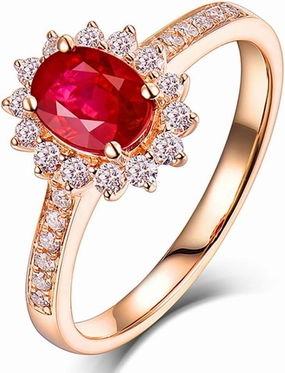 Ruby Ring For Women, 14kt Rose Gold Rings - Ruby and Diamond Ring, 0.55ct Oval 4x6mm Genuine Red Ruby Rings & Brilliant Real Diamonds Gemstone Rings For Couple Engagement Ring