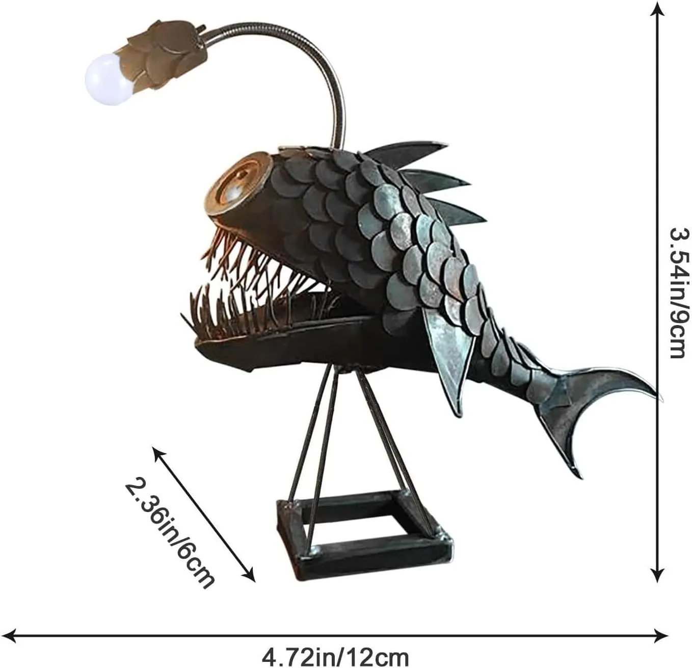 Rustic USB Angler Fish Lamp, Cafele Shark Lamp Steampunk Style Table Lamp, Simulation Flame LED Bulbs Lights, Handmade Night Lights, Book Lights, Industrial Creative Decor for Home/Office (Medium)