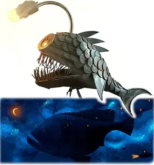 Rustic USB Angler Fish Lamp, Cafele Shark Lamp Steampunk Style Table Lamp, Simulation Flame LED Bulbs Lights, Handmade Night Lights, Book Lights, Industrial Creative Decor for Home/Office (Medium)