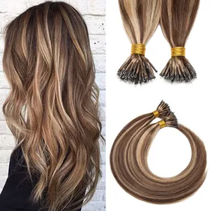 S-noilite Nano Ring Hair Extensions Nano Tip Human Hair Extensions Highlights Invisible Pre Bonded Real Hair Extension for Women 50g 50strands 24inch #4P27 Medium Brown&Dark Blonde