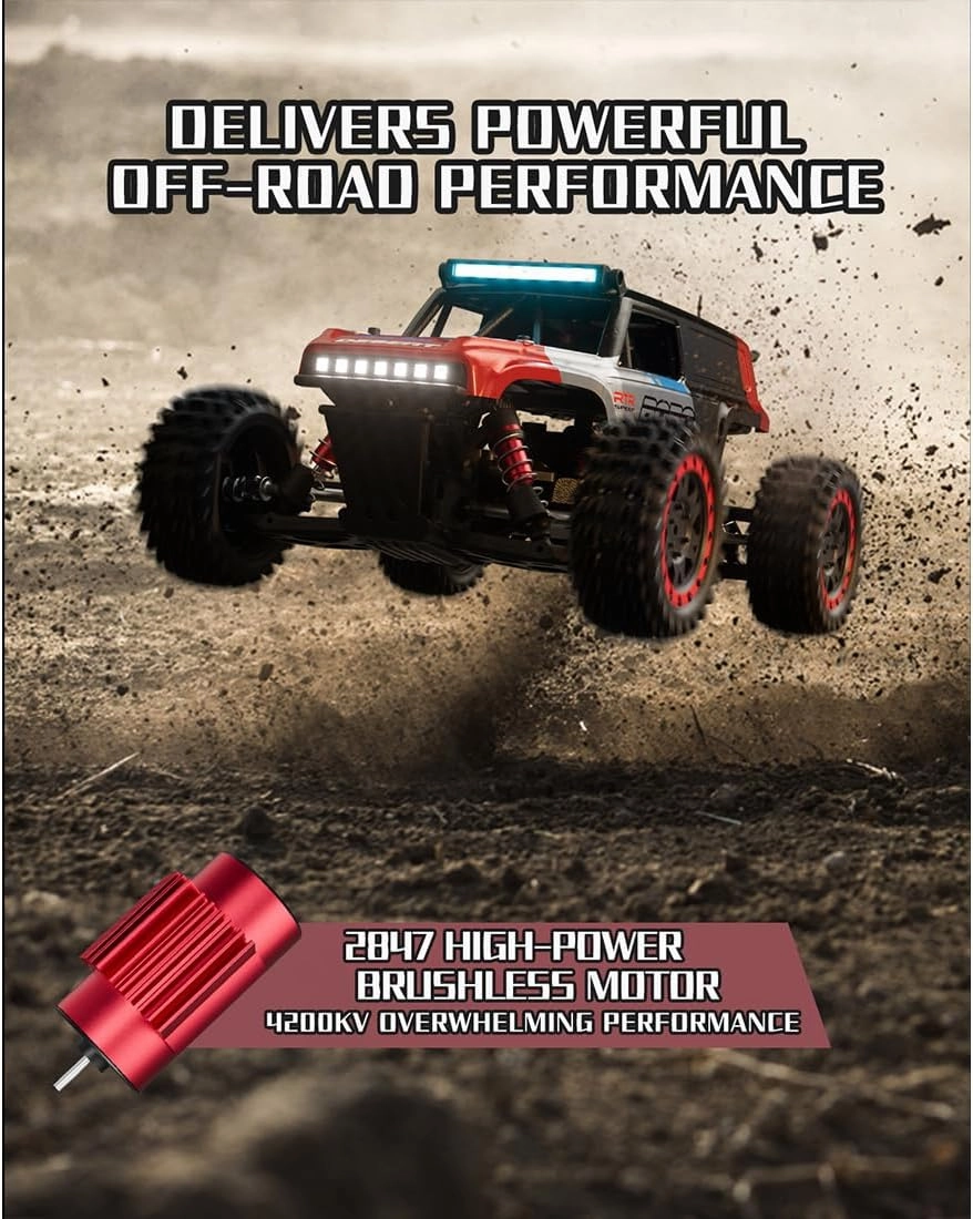 S912PRO 1/16 Scale High-Speed RC Drift Car, 2.4G 4WD Brushless Full-Proportional, 55KM/H RC Off-Road Truck Car with 7 Colors Lights and Flashing Effects (Two Batteries/Red)