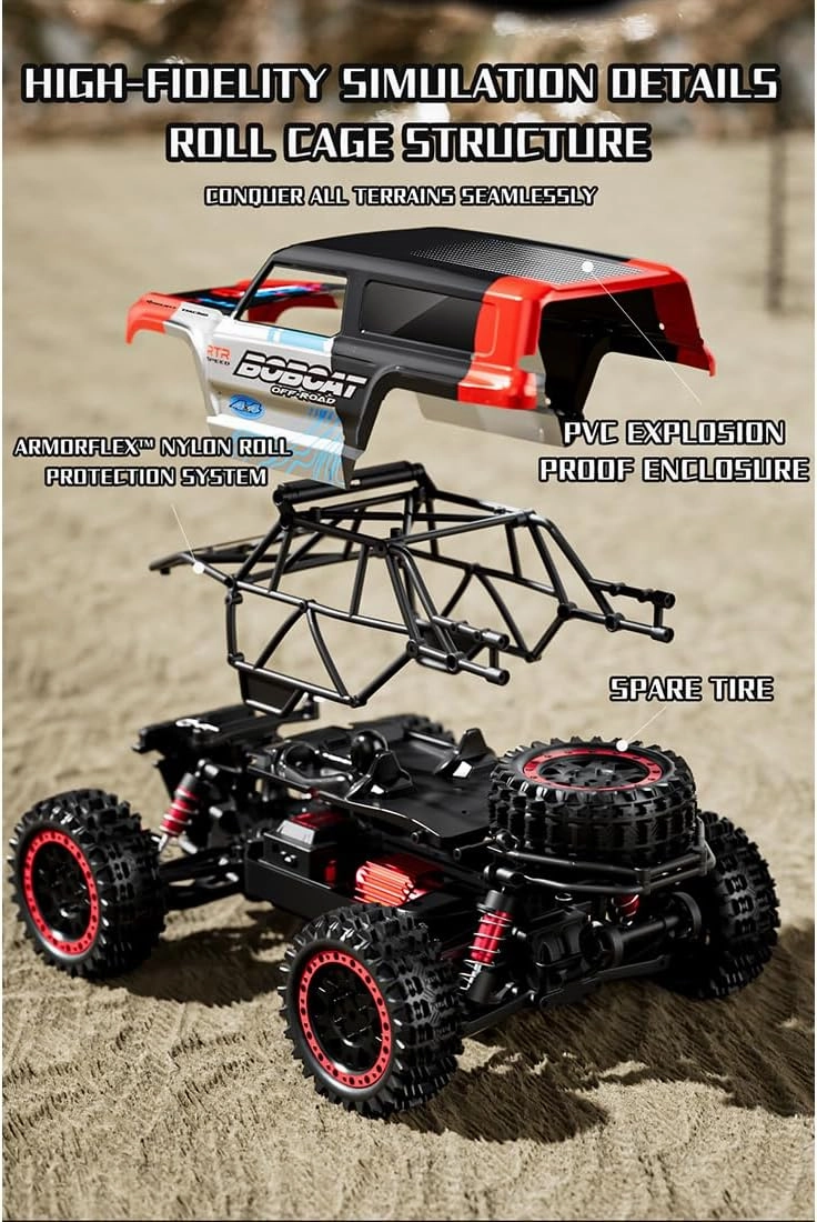 S912PRO 1/16 Scale High-Speed RC Drift Car, 2.4G 4WD Brushless Full-Proportional, 55KM/H RC Off-Road Truck Car with 7 Colors Lights and Flashing Effects (Two Batteries/Red)