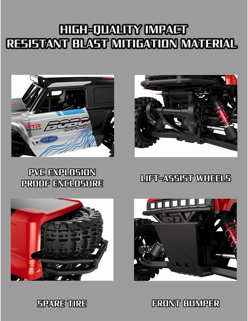 S912PRO 1/16 Scale High-Speed RC Drift Car, 2.4G 4WD Brushless Full-Proportional, 55KM/H RC Off-Road Truck Car with 7 Colors Lights and Flashing Effects (Two Batteries/Red)
