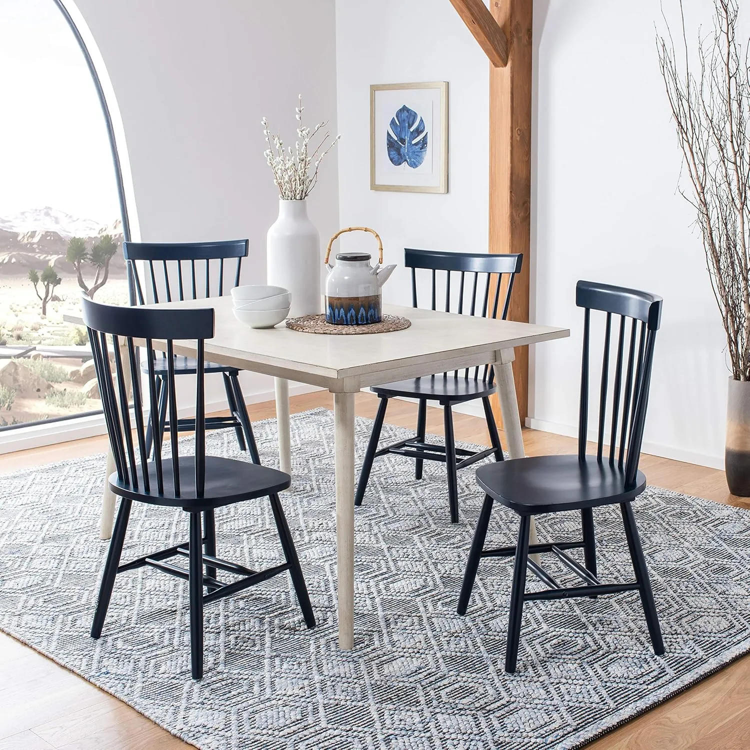 SAFAVIEH Home Collection Parker Farmhouse Navy Blue Windsor Spindle Solid Wood Dining Chair Set of 2