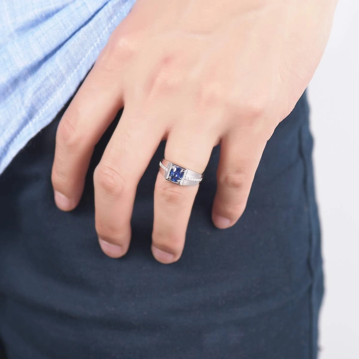 Sapphire Ring For Men, 18K White Gold Rings - Blue Sapphire Ring, Fashion Natural Sapphire Blue Ring and Real Diamond Gemstone Rings For Couple Engagement Ring & Wedding Band