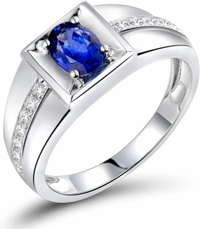 Sapphire Ring For Men, 18K White Gold Rings - Blue Sapphire Ring, Fashion Natural Sapphire Blue Ring and Real Diamond Gemstone Rings For Couple Engagement Ring & Wedding Band