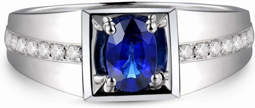 Sapphire Ring For Men, 18K White Gold Rings - Blue Sapphire Ring, Fashion Natural Sapphire Blue Ring and Real Diamond Gemstone Rings For Couple Engagement Ring & Wedding Band