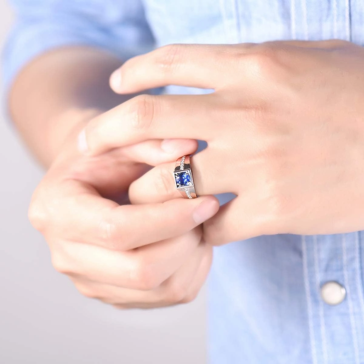 Sapphire Ring For Men, 18K White Gold Rings - Blue Sapphire Ring, Fashion Natural Sapphire Blue Ring and Real Diamond Gemstone Rings For Couple Engagement Ring & Wedding Band
