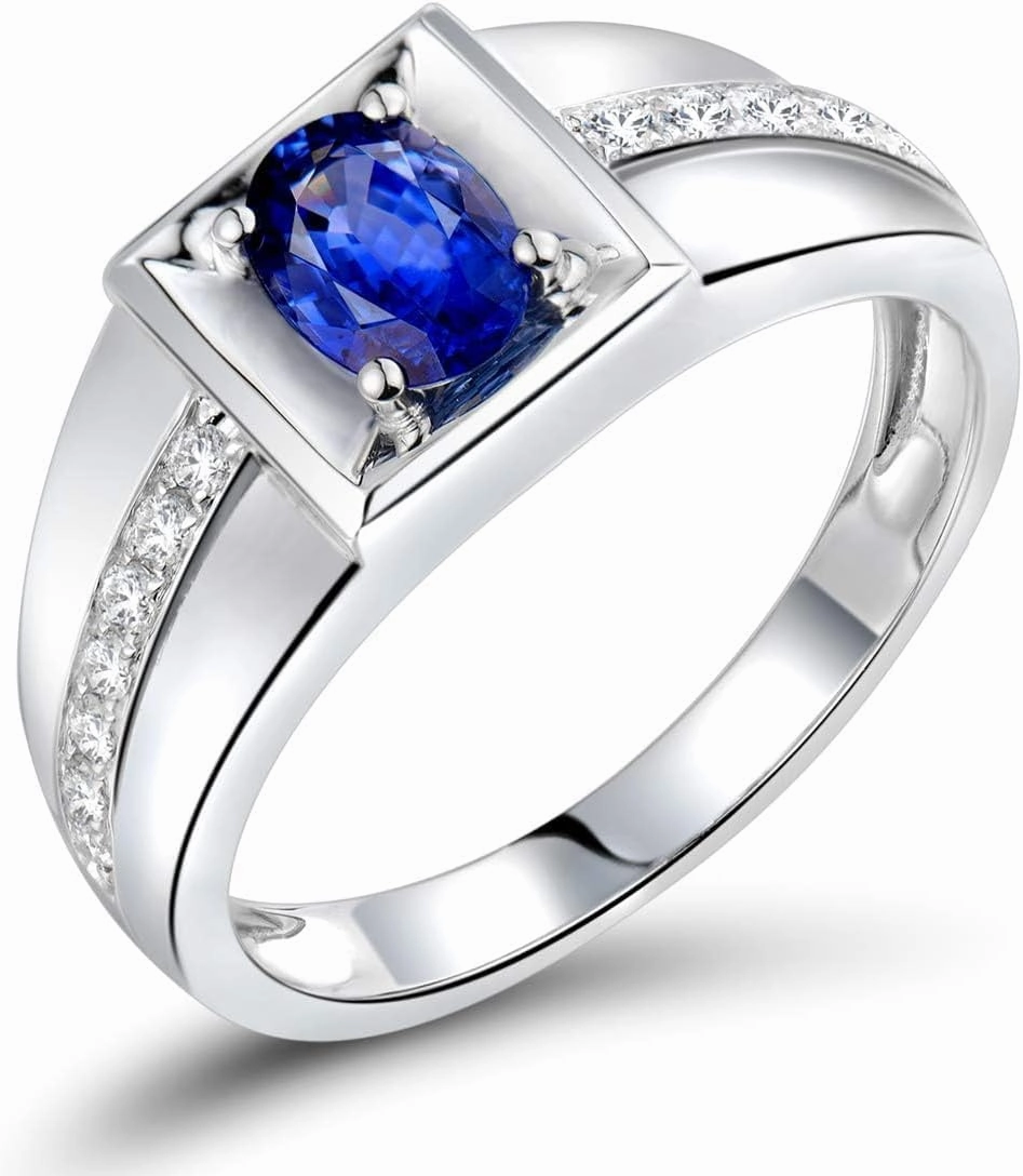 Sapphire Ring For Men, 18K White Gold Rings - Blue Sapphire Ring, Fashion Natural Sapphire Blue Ring and Real Diamond Gemstone Rings For Couple Engagement Ring & Wedding Band