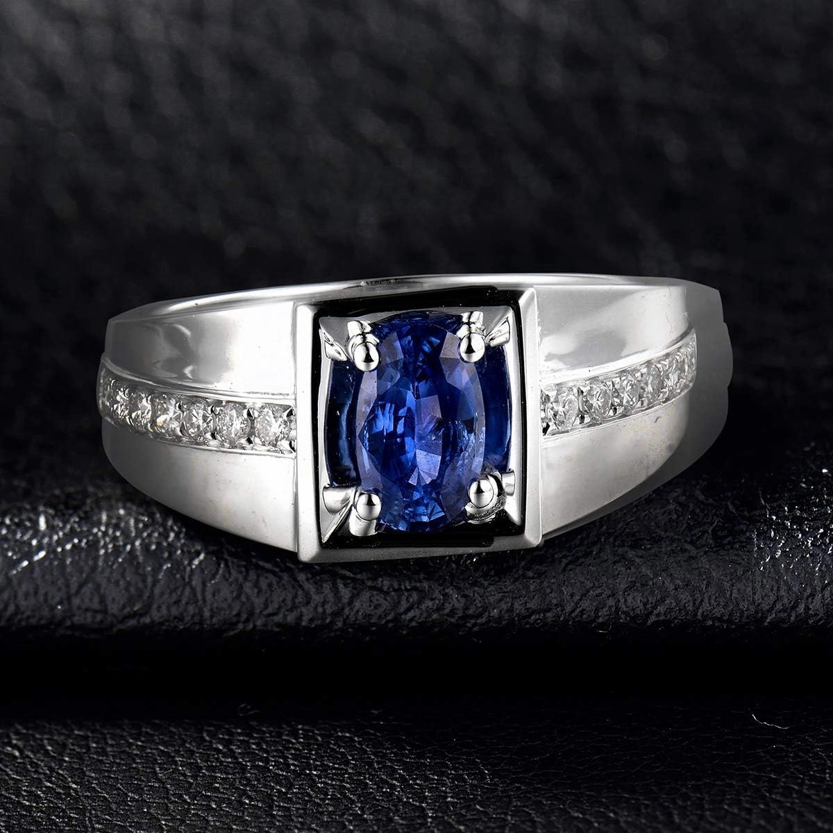 Sapphire Ring For Men, 18K White Gold Rings - Blue Sapphire Ring, Fashion Natural Sapphire Blue Ring and Real Diamond Gemstone Rings For Couple Engagement Ring & Wedding Band