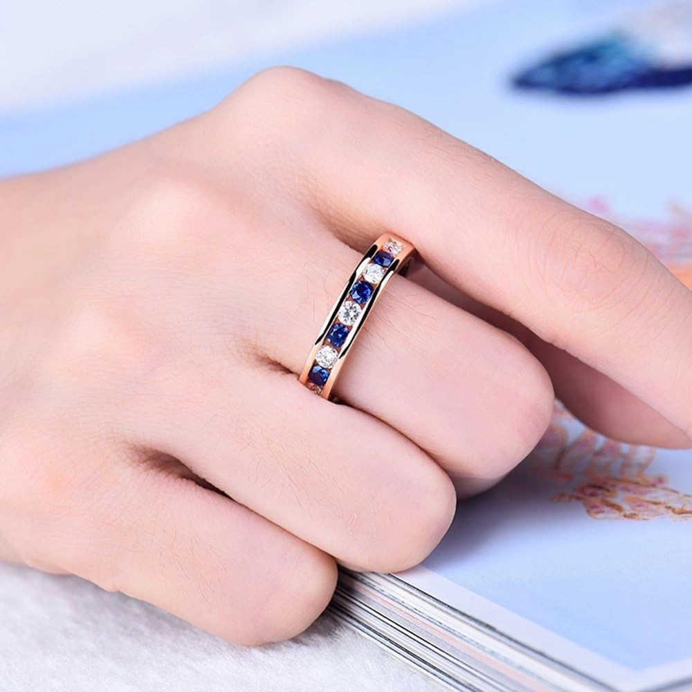 Sapphire Ring For Women, 14K Solid Rose Gold Rings - Sapphire and Diamond Ring, Natural Blue Sapphire Rings and Real Diamond Gemstone Rings For Couple Engagement Ring & Wedding Band