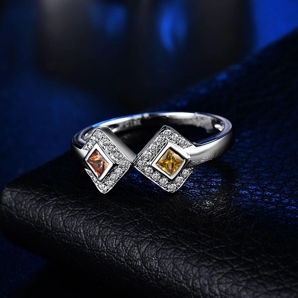 Sapphire Ring For Women, 14K White Gold Rings - Yellow Sapphire Ring with Diamond, Natural Sapphire Two Stone Ring & Real Diamond Gemstone Rings For Couple Engagement Ring