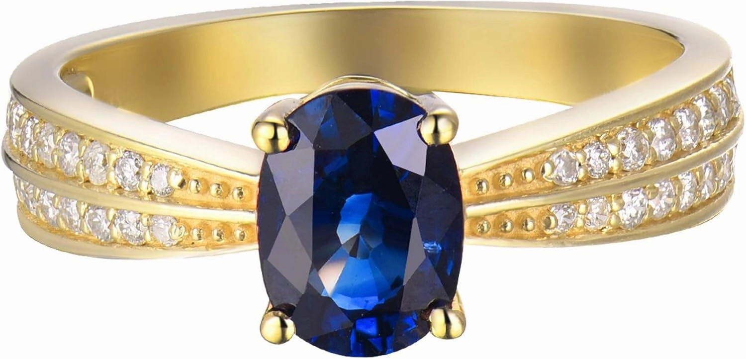 Sapphire Ring For Women,14K Yellow Gold Rings - Sapphire and Diamond Ring, Natural Genuine Blue Sapphire Ring & Real Diamond Gemstone Rings For Couple Engagement Ring