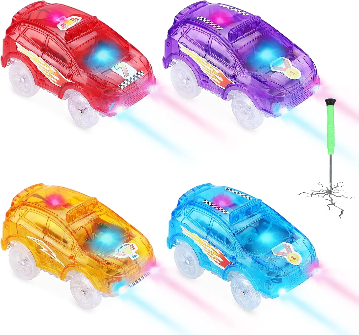 Save Unicorn Tracks Cars Replacement only, Toy Cars for Tracks Glow in The Dark, Magic Car Accessories with 5 Flashing LED Lights, Compatible with Most Tracks for Boys Girls and Kids(4pack)