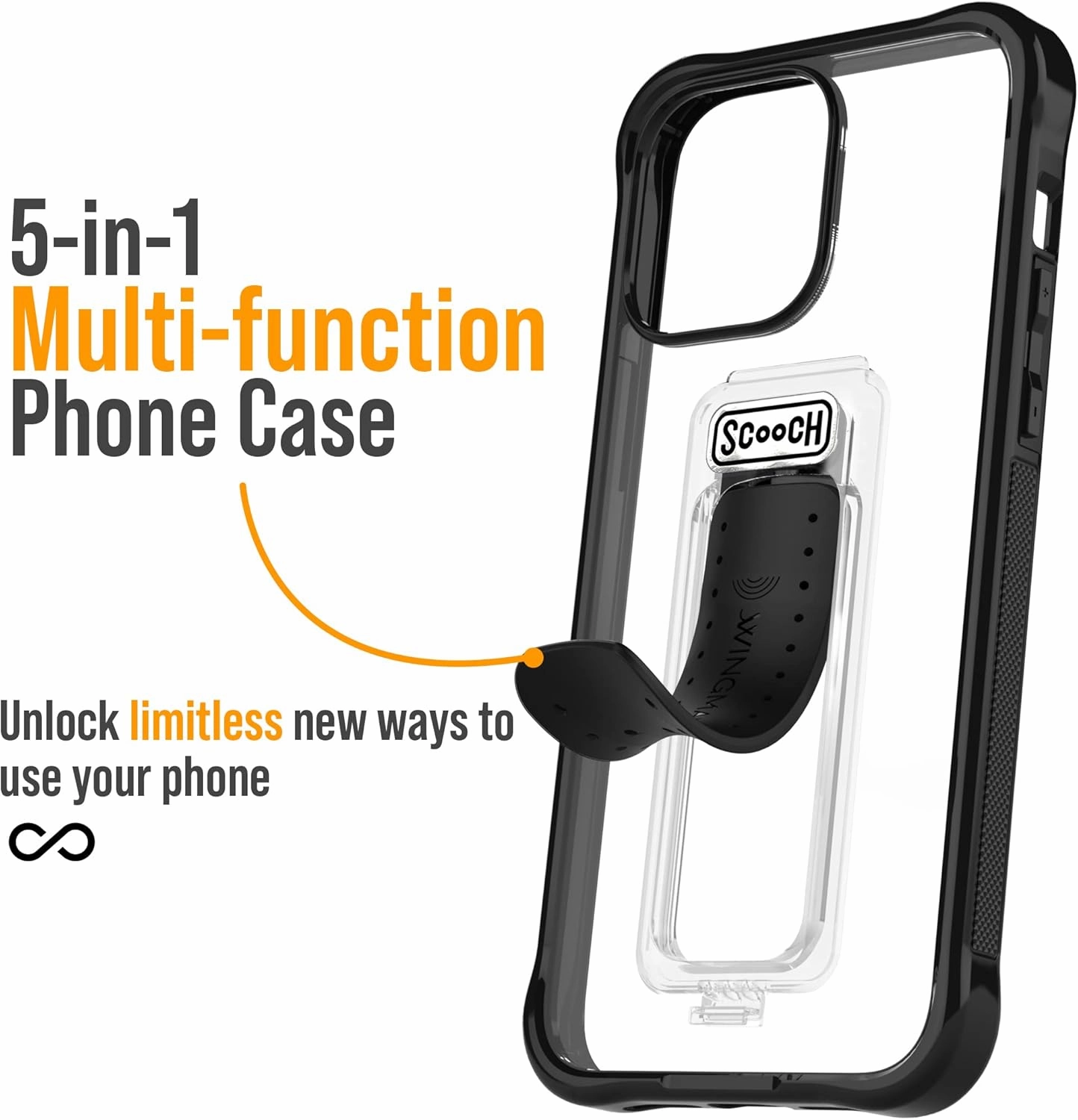 Scooch® for iPhone 13 Pro Max Case with Stand, Wingman 5-in-1 Kickstand Case, Military Grade Drop Protection, Pop-Out Kickstand, Phone Grip, Car Mount, Tuxedo Clear