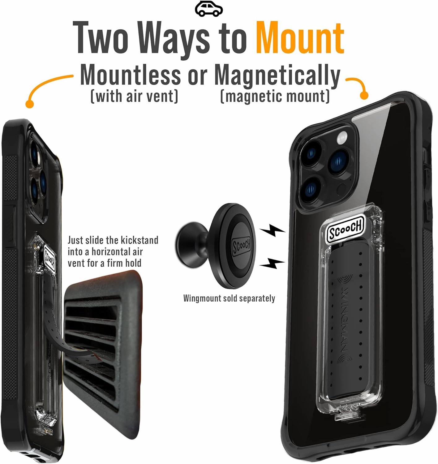 Scooch® for iPhone 13 Pro Max Case with Stand, Wingman 5-in-1 Kickstand Case, Military Grade Drop Protection, Pop-Out Kickstand, Phone Grip, Car Mount, Tuxedo Clear