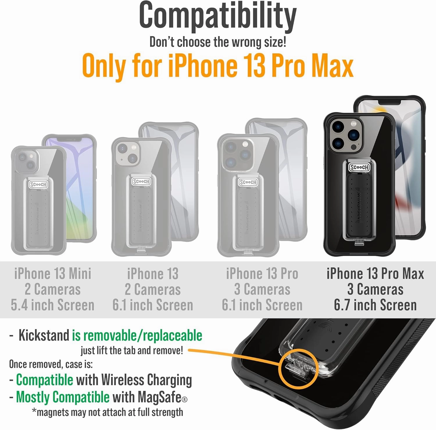 Scooch® for iPhone 13 Pro Max Case with Stand, Wingman 5-in-1 Kickstand Case, Military Grade Drop Protection, Pop-Out Kickstand, Phone Grip, Car Mount, Tuxedo Clear