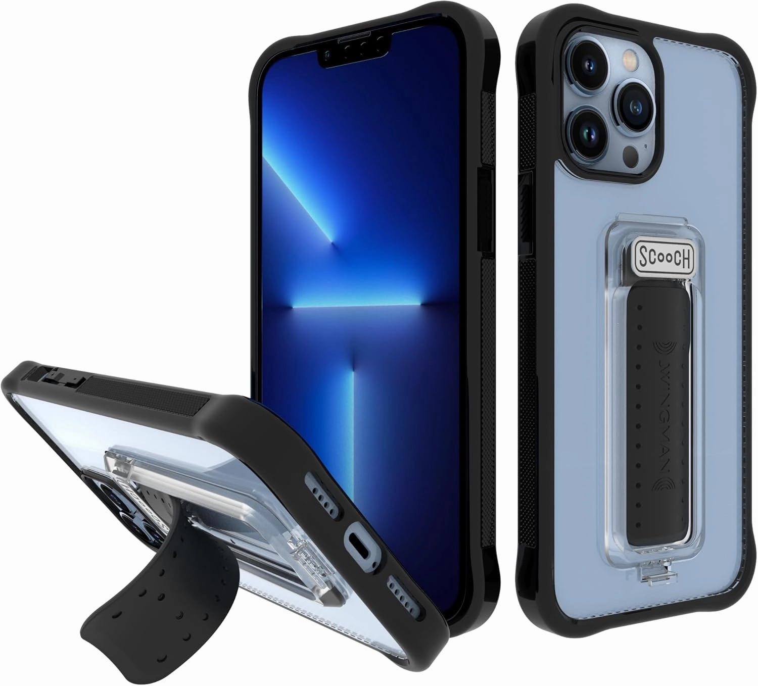 Scooch® for iPhone 13 Pro Max Case with Stand, Wingman 5-in-1 Kickstand Case, Military Grade Drop Protection, Pop-Out Kickstand, Phone Grip, Car Mount, Tuxedo Clear