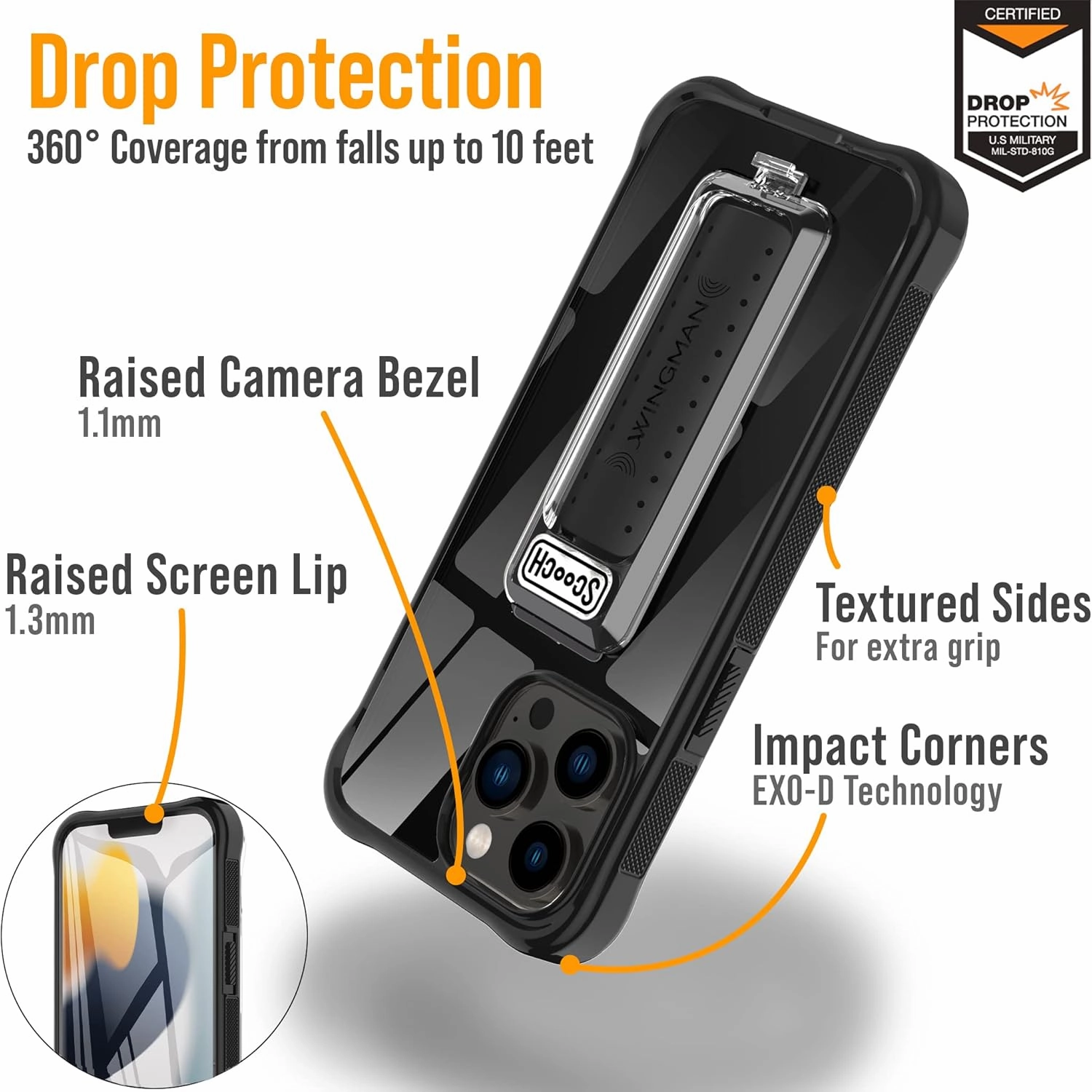 Scooch® for iPhone 13 Pro Max Case with Stand, Wingman 5-in-1 Kickstand Case, Military Grade Drop Protection, Pop-Out Kickstand, Phone Grip, Car Mount, Tuxedo Clear