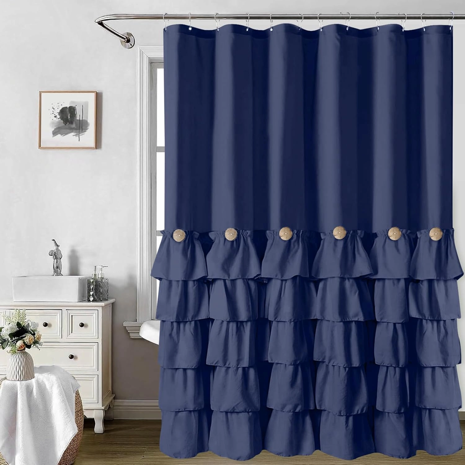Seasonwood Navy Blue Shower Curtain for Bathroom Ruffle Shower Curtain 72 X 72 Inches Farmhouse Shower Curtains with Buttons & Blue Ruffles