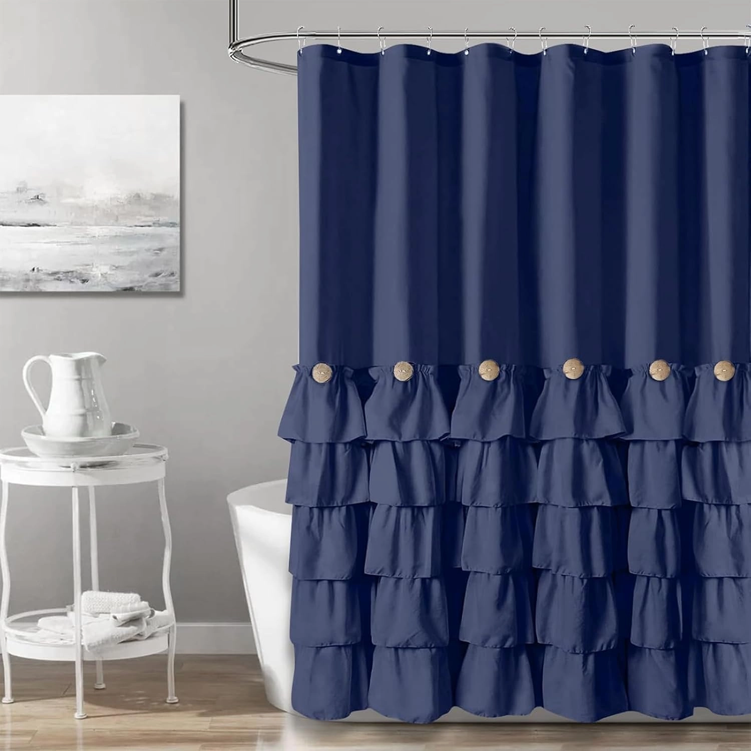Seasonwood Navy Blue Shower Curtain for Bathroom Ruffle Shower Curtain 72 X 72 Inches Farmhouse Shower Curtains with Buttons & Blue Ruffles