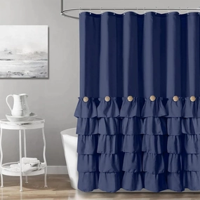 Seasonwood Navy Blue Shower Curtain for Bathroom Ruffle Shower Curtain 72 X 72 Inches Farmhouse Shower Curtains with Buttons & Blue Ruffles