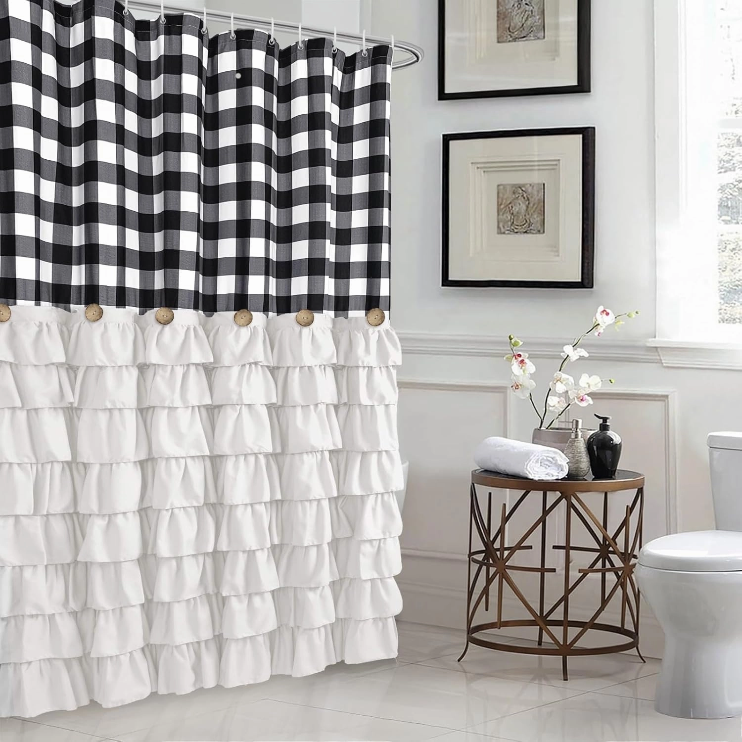 Seasonwood White Ruffle Farmhouse Shower Curtain Set with 12 Hooks 72 X 72inch Black and White Buffalo Plaid Pattern Fabric Shower Curtains with Buttons for Bathroom Bathtubs Decor Accessory