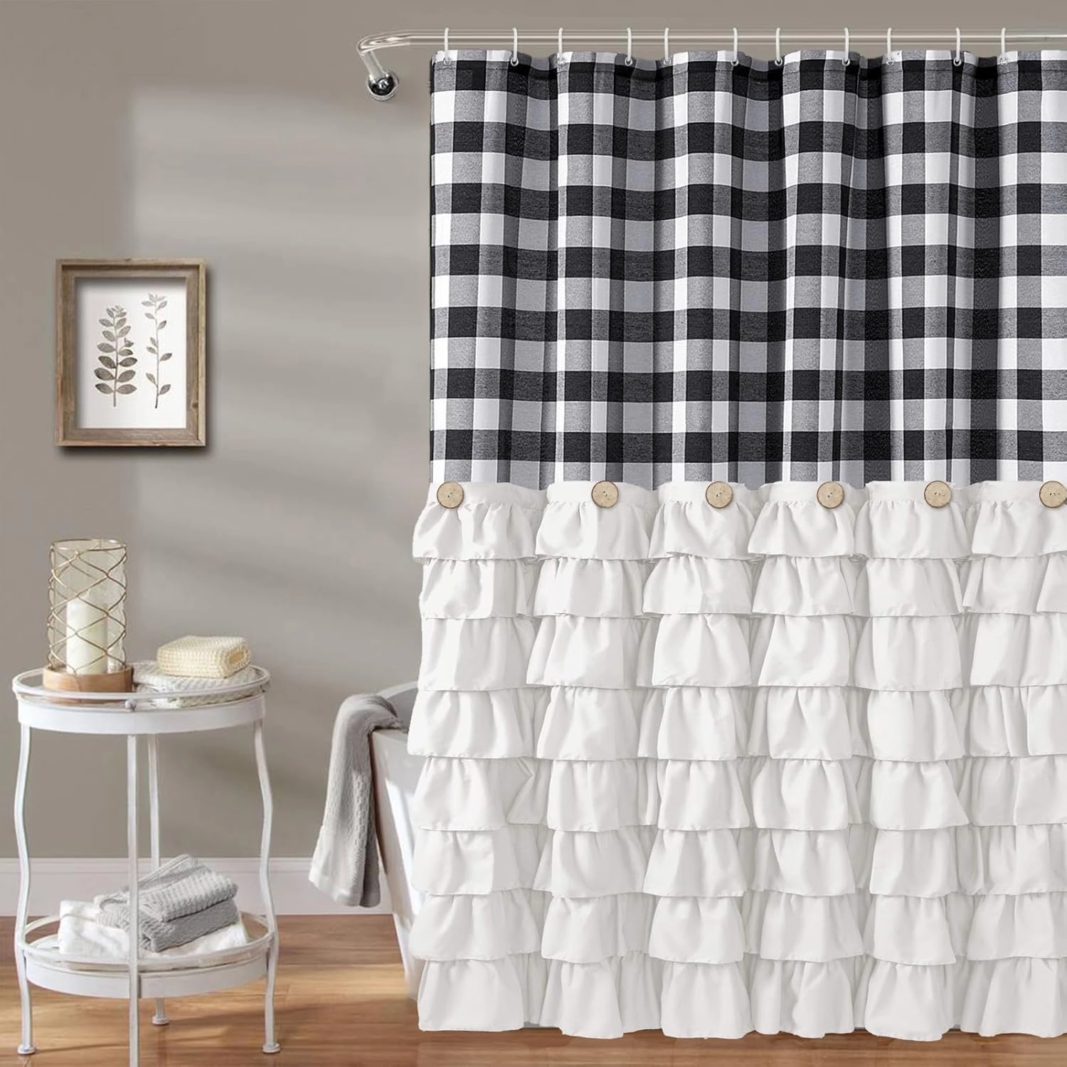 Seasonwood White Ruffle Farmhouse Shower Curtain Set with 12 Hooks 72 X 72inch Black and White Buffalo Plaid Pattern Fabric Shower Curtains with Buttons for Bathroom Bathtubs Decor Accessory