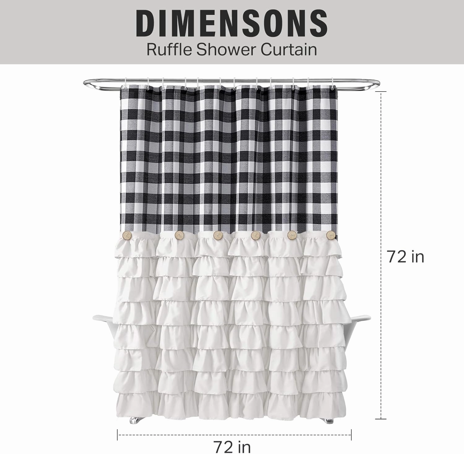 Seasonwood White Ruffle Farmhouse Shower Curtain Set with 12 Hooks 72 X 72inch Black and White Buffalo Plaid Pattern Fabric Shower Curtains with Buttons for Bathroom Bathtubs Decor Accessory