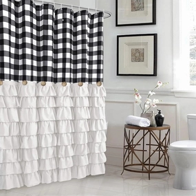 Seasonwood White Ruffle Farmhouse Shower Curtain Set with 12 Hooks 72 X 72inch Black and White Buffalo Plaid Pattern Fabric Shower Curtains with Buttons for Bathroom Bathtubs Decor Accessory