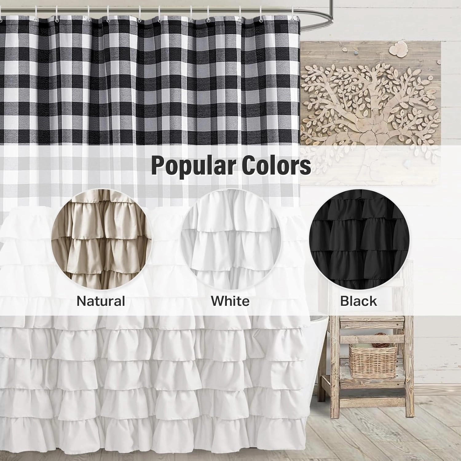 Seasonwood White Ruffle Farmhouse Shower Curtain Set with 12 Hooks 72 X 72inch Black and White Buffalo Plaid Pattern Fabric Shower Curtains with Buttons for Bathroom Bathtubs Decor Accessory