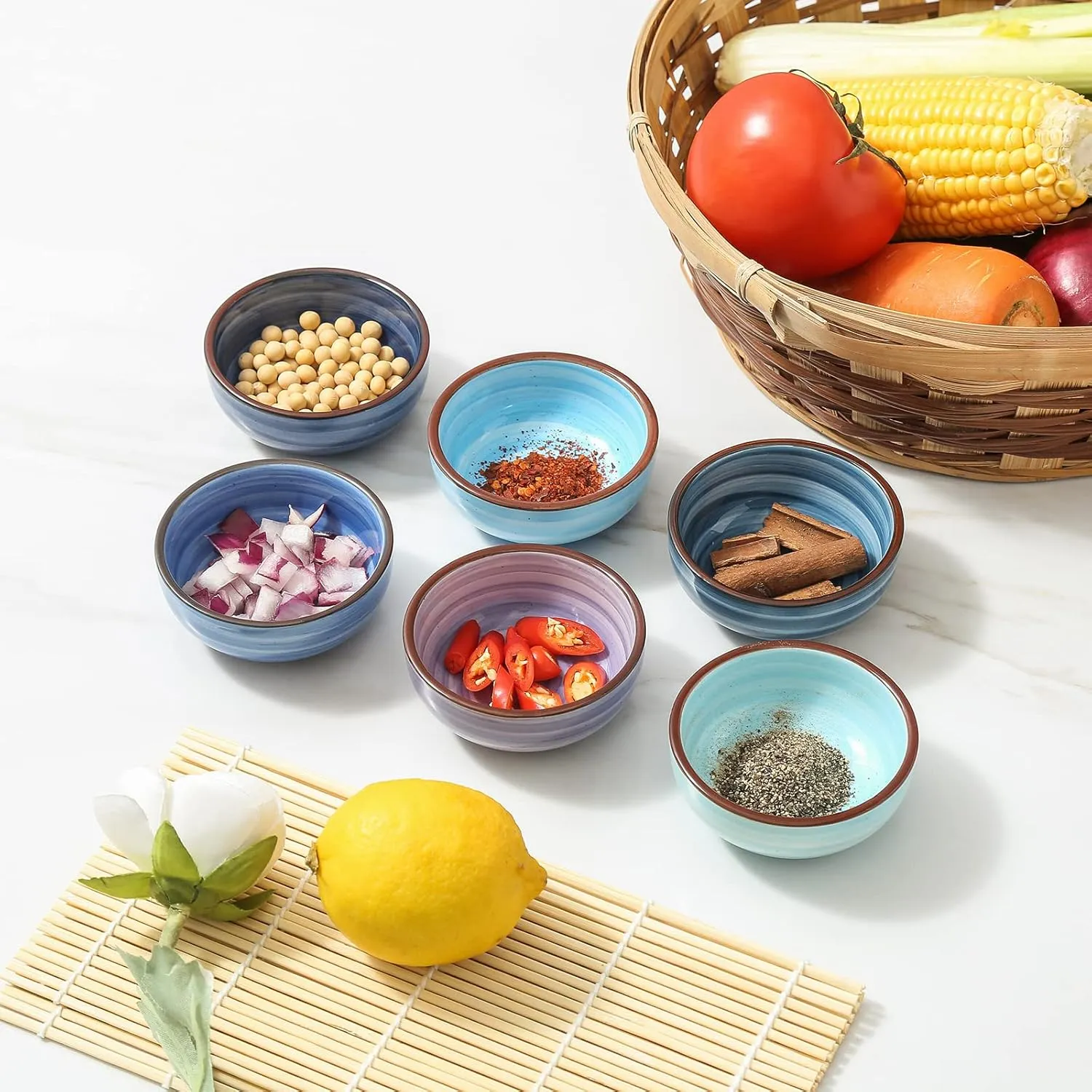 Selamica Ceramic Dipping Bowls, 2.7 Oz Soy Sauce Dish Set, 3 inch Small Dip Bowl for Side Dish, Appetizers, Set of 6, Gradient Blue