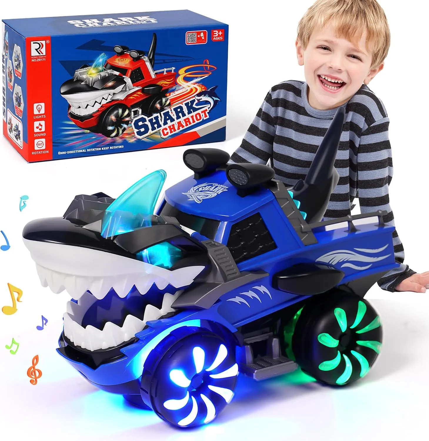 Shark Toys for Baby, Monster Trucks for Toddlers 2-4 Flashing Light Up Shark Car with Music, Baby Blue Shark Monster Trucks Toys for Toddlers 1 3 4 5 6 Year Boys Kids Christmas Birthday Gift