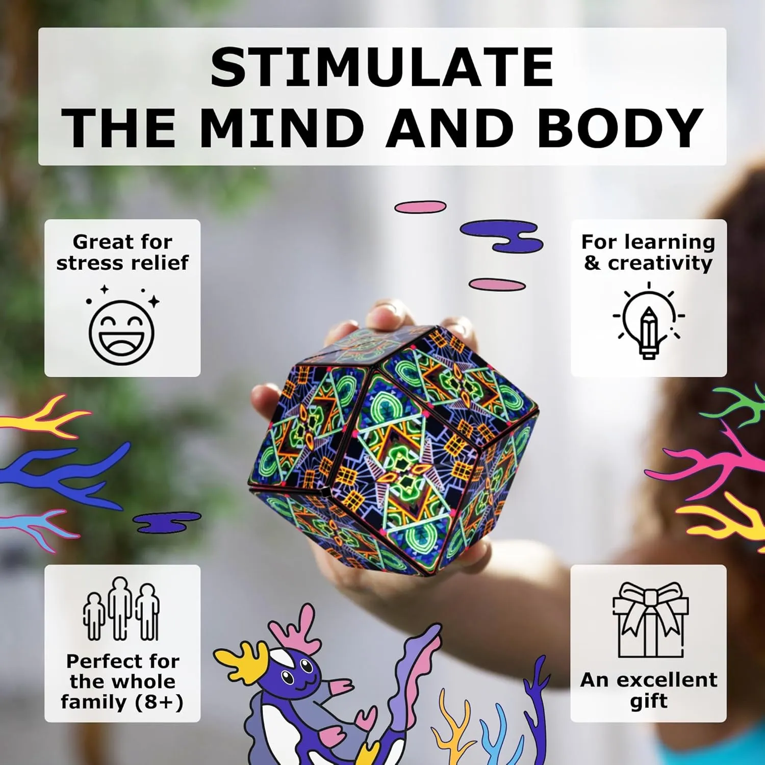 SHASHIBO Meow Wolf Shape Shifting Box - STEM Magnetic Fidget Cube That Transforms Into Over 70 Shapes, Download Fun in Motion Toys Mobile App (Glowquarium)