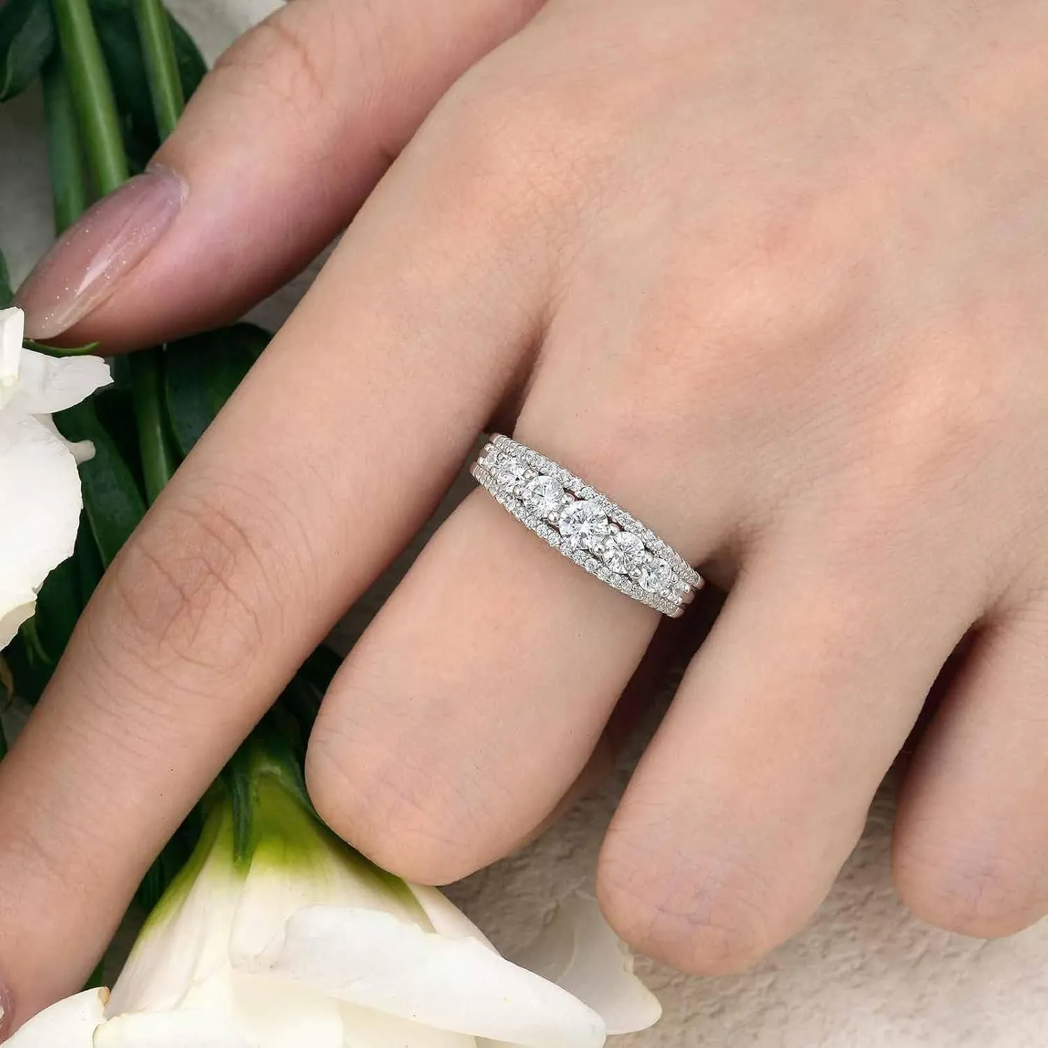SHELOVES Sterling Silver Eternity Bands for Women Simulated Diamond Cubic Zirconia Wedding Rings