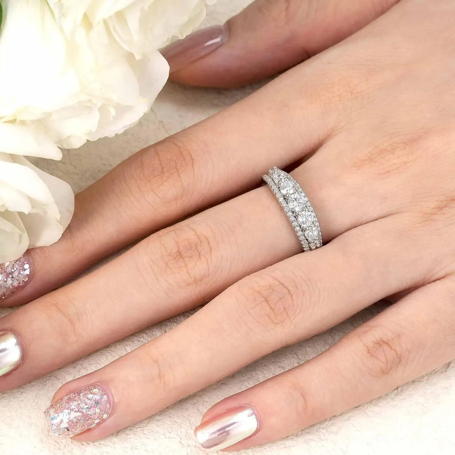 SHELOVES Sterling Silver Eternity Bands for Women Simulated Diamond Cubic Zirconia Wedding Rings