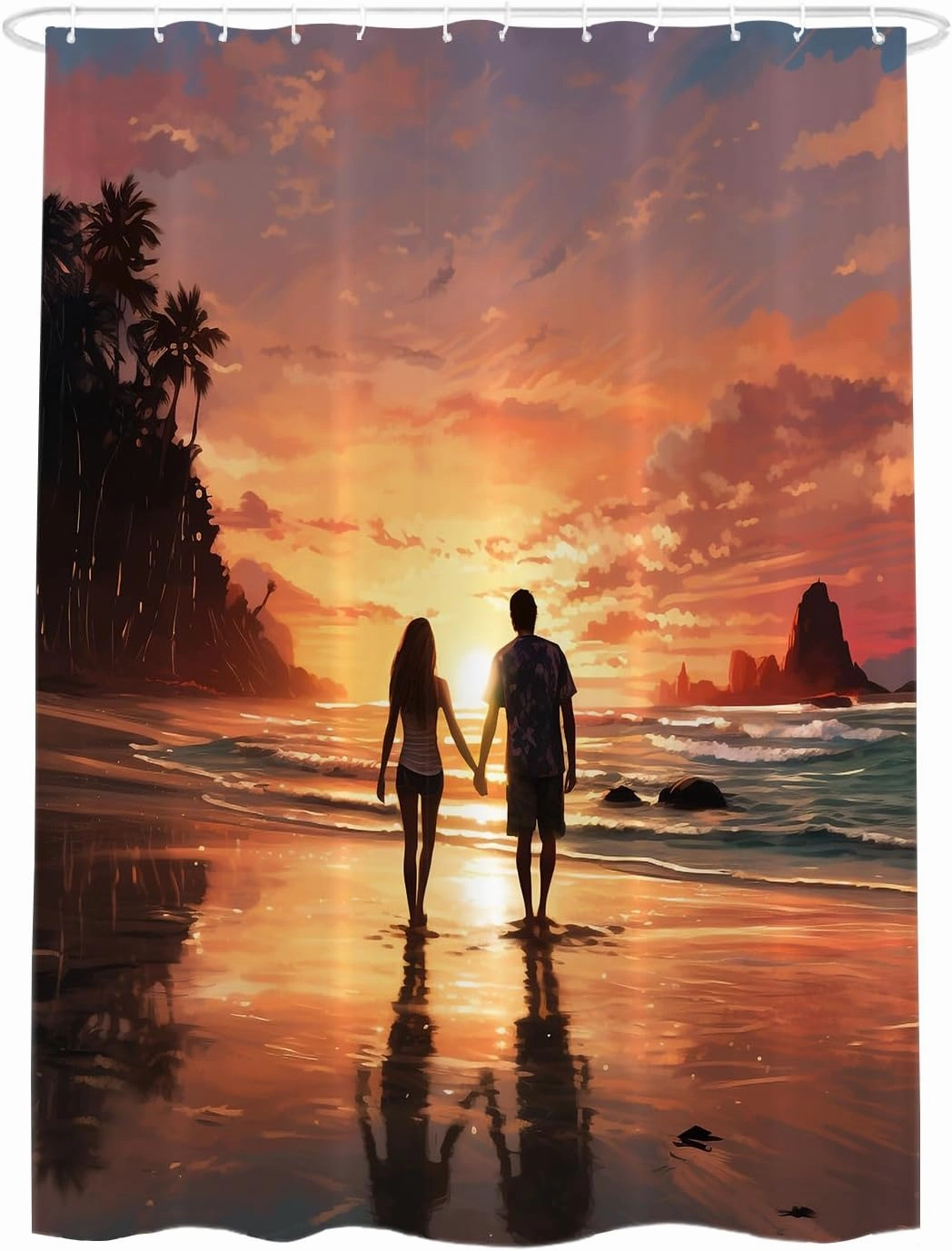 Shrahala Couple Sunset Beach Decorative Shower Curtain, Romantic Seaside Stroll Bathroom Décor Polyester Fiber Waterproof with Plastic Rings for Shower Stall Bathtubs 72 x 72 in