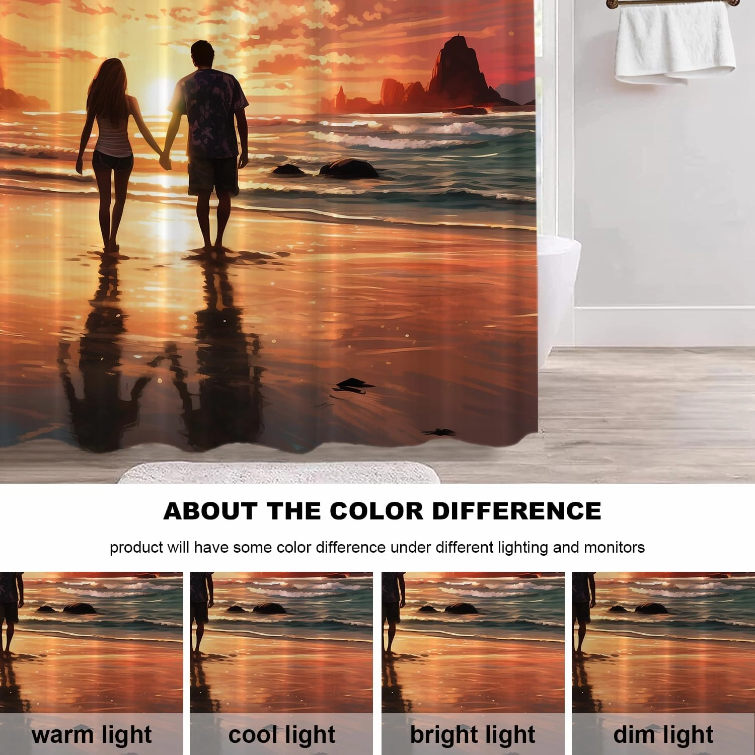 Shrahala Couple Sunset Beach Decorative Shower Curtain, Romantic Seaside Stroll Bathroom Décor Polyester Fiber Waterproof with Plastic Rings for Shower Stall Bathtubs 72 x 72 in