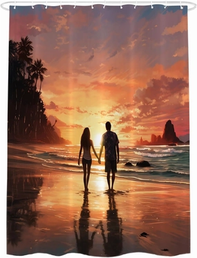 Shrahala Couple Sunset Beach Decorative Shower Curtain, Romantic Seaside Stroll Bathroom Décor Polyester Fiber Waterproof with Plastic Rings for Shower Stall Bathtubs 72 x 72 in