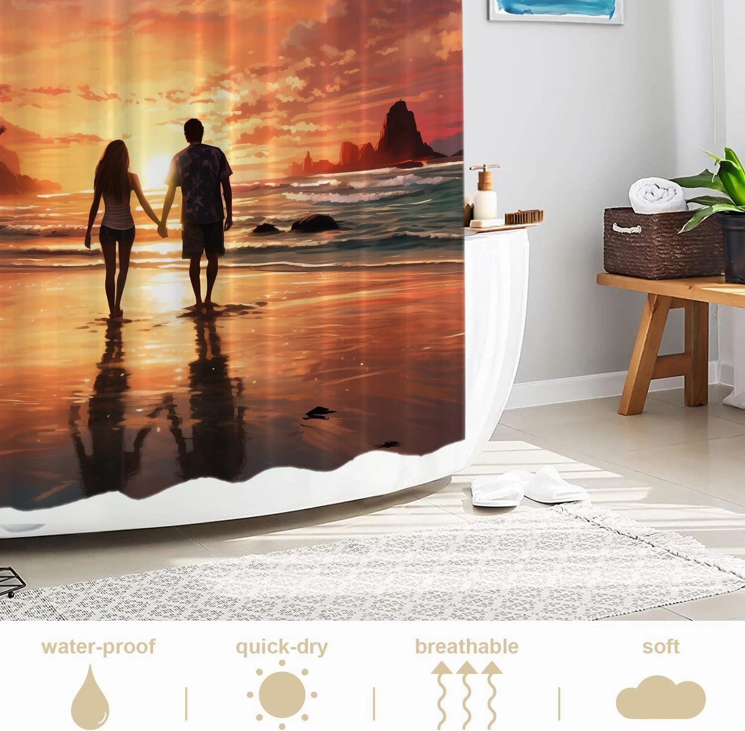 Shrahala Couple Sunset Beach Decorative Shower Curtain, Romantic Seaside Stroll Bathroom Décor Polyester Fiber Waterproof with Plastic Rings for Shower Stall Bathtubs 72 x 72 in