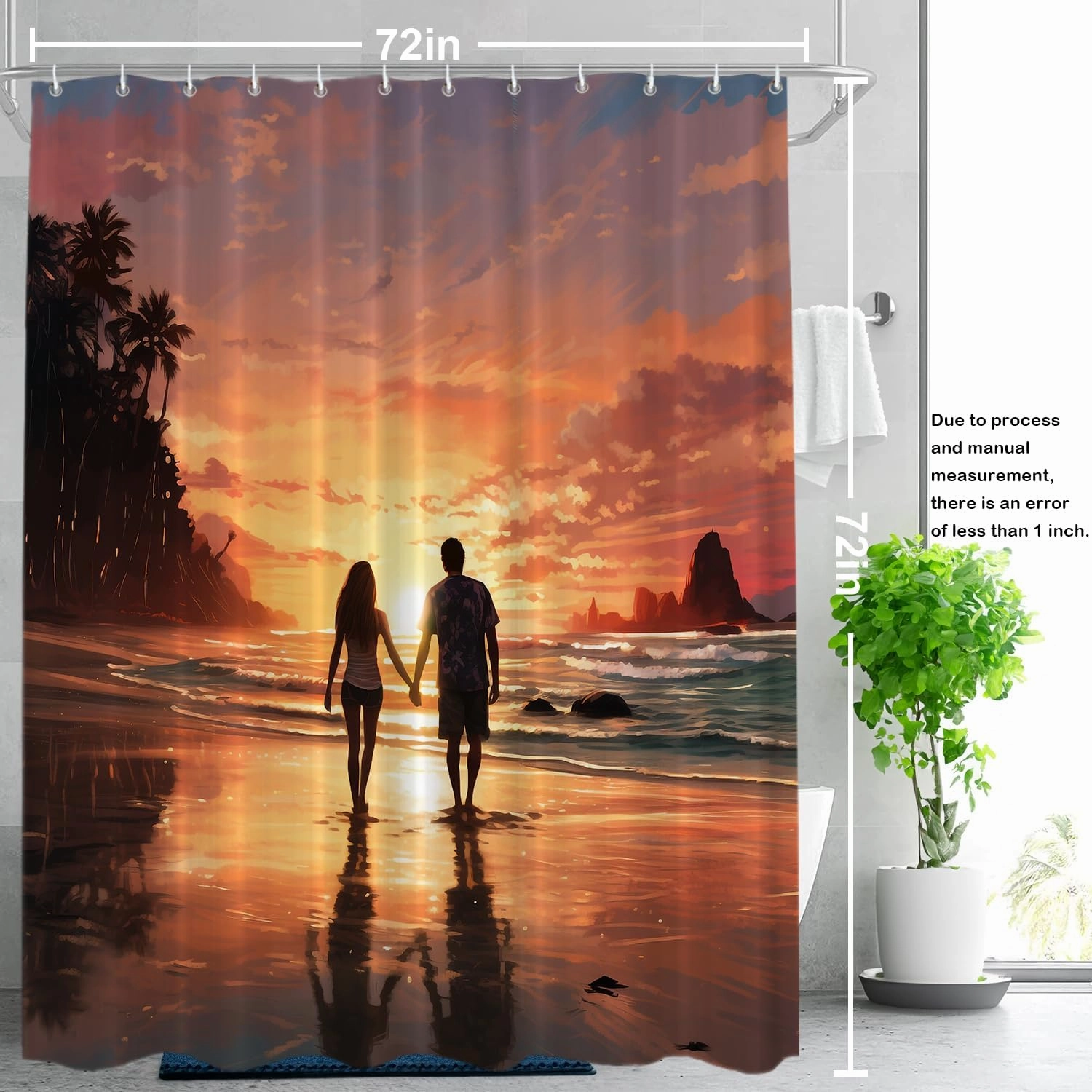 Shrahala Couple Sunset Beach Decorative Shower Curtain, Romantic Seaside Stroll Bathroom Décor Polyester Fiber Waterproof with Plastic Rings for Shower Stall Bathtubs 72 x 72 in