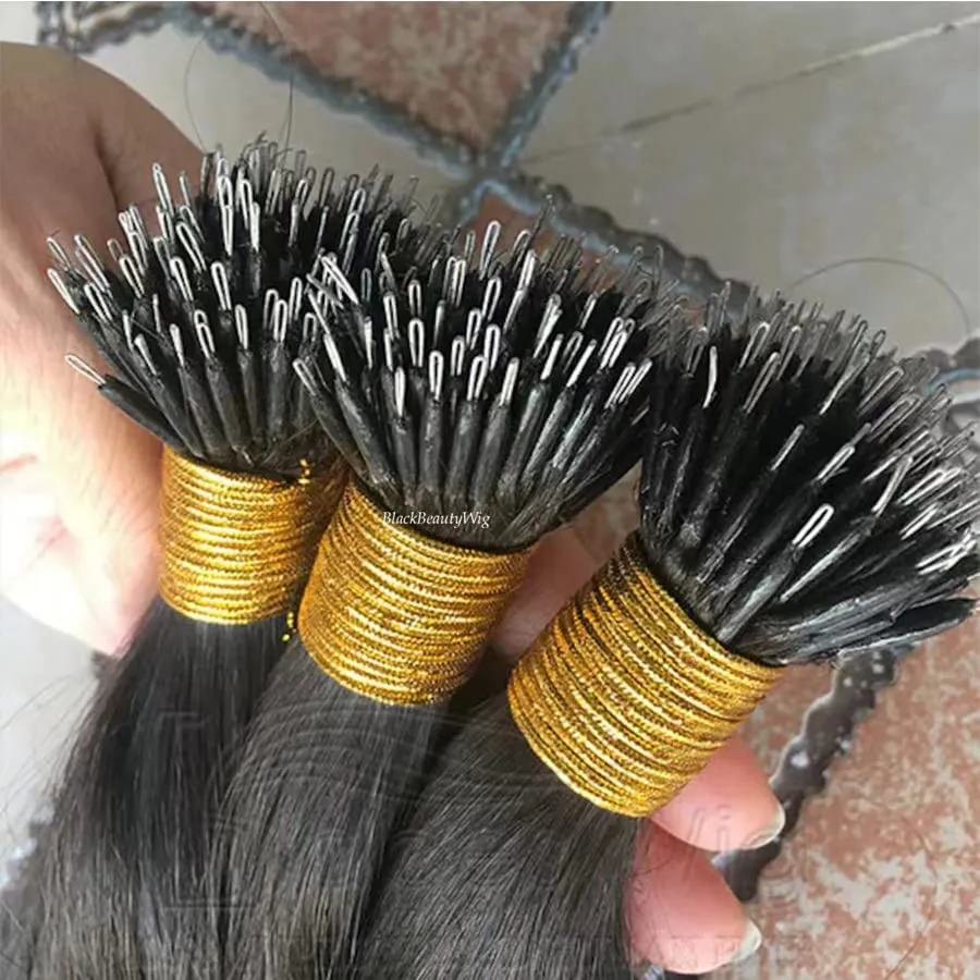 Silky Straight Nano Ring Human Hair Extension Microlink Brazilian Remy Nano Tip Hair Long Straight #Black #Brown Color 100g 100strands (30inch 100strands, #Natural Black)