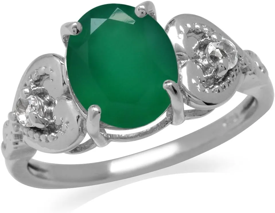 Silvershake 2.32ct. Natural Emerald Green Agate and White Topaz 925 Sterling Silver Heart Victorian Style Ring Size 8