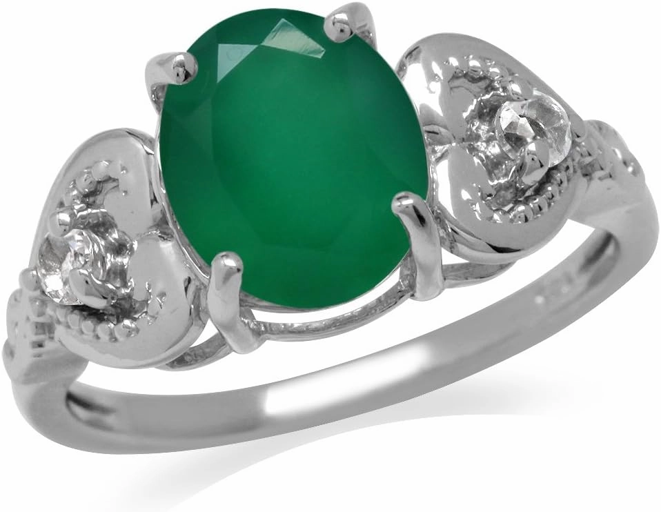 Silvershake 2.32ct. Natural Emerald Green Agate and White Topaz 925 Sterling Silver Heart Victorian Style Ring Size 6