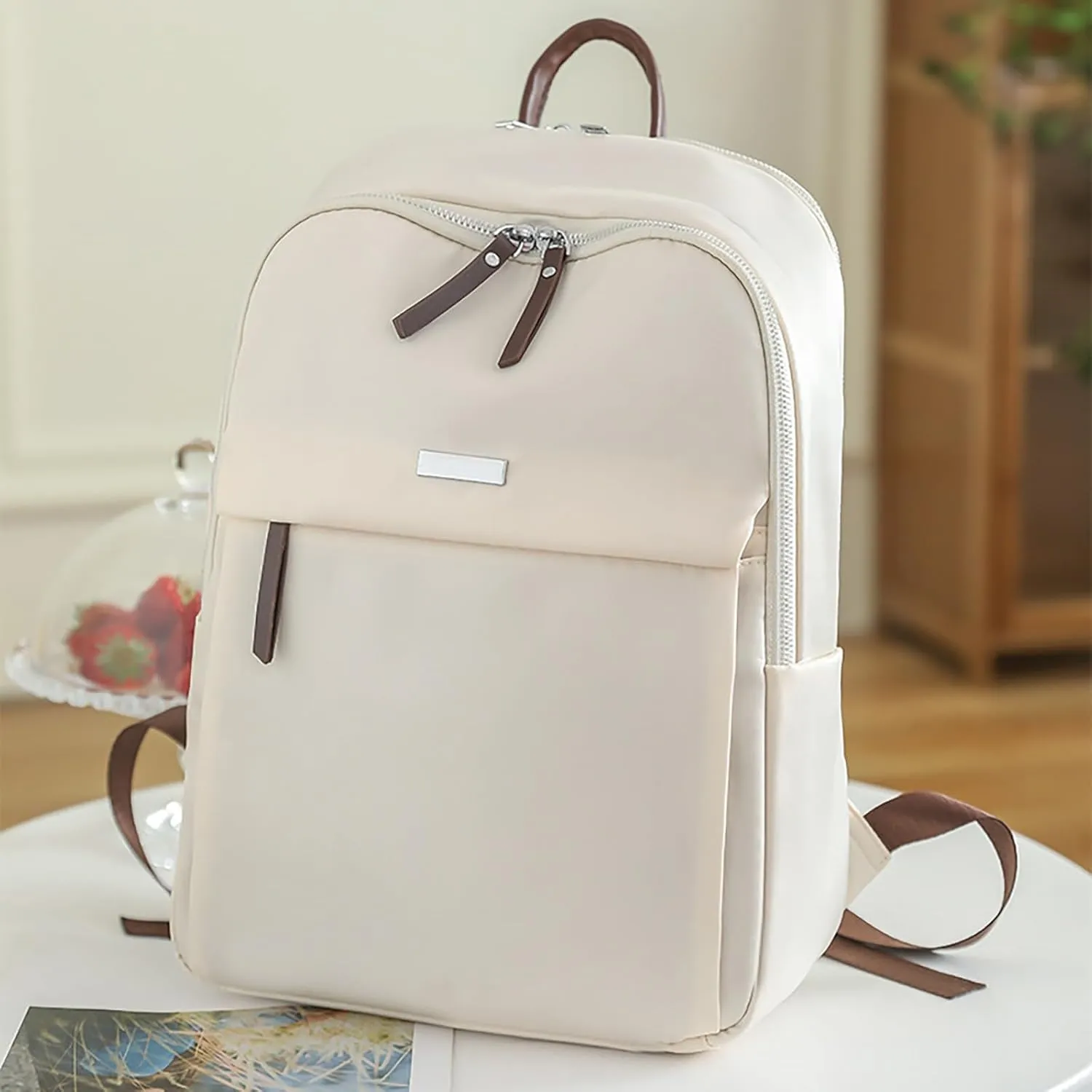 Simple Solid Color Nylon Women Shoulders Bag Breathable Wear Resisting Pickproof Shockproof Backpack (White, One Size)