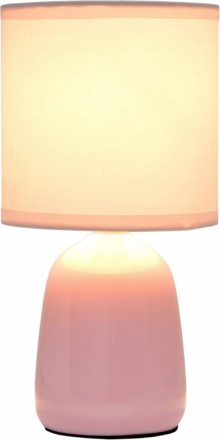 Simple Designs LT1134-LPK 10.04" Tall Traditional Ceramic Thimble Base Bedside Table Desk Lamp w Matching Fabric Shade for Home Decor, Nightstand, Bedroom, Living Room, Entryway, Office, Light Pink