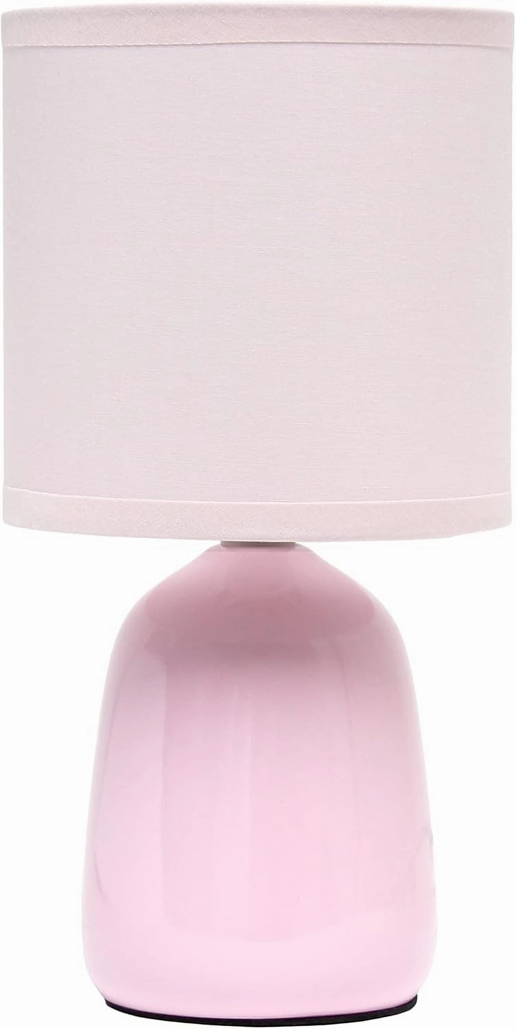 Simple Designs LT1134-LPK 10.04" Tall Traditional Ceramic Thimble Base Bedside Table Desk Lamp w Matching Fabric Shade for Home Decor, Nightstand, Bedroom, Living Room, Entryway, Office, Light Pink